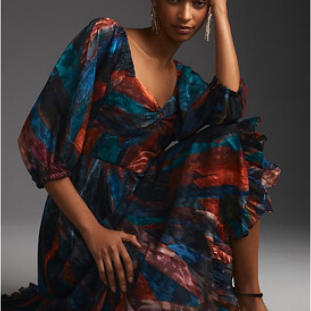 Hutch Twist-Front Puff Sleeve Ruffle Hem Multicolor Midi Dress by Anthropologie - Picture 4 of 8